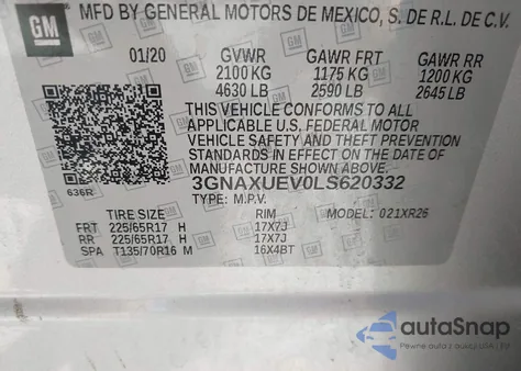 2020 Chevrolet Equinox Awd Lt 1.5L Turbo from USA, damaged, VIN 3GNAXUEV0LS620332